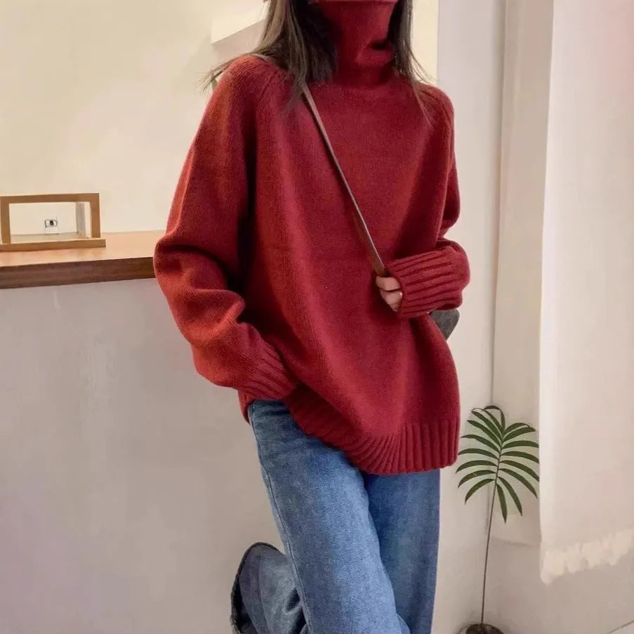 Women's loose thick turtleneck sweater with curling pile collar in red, camel, grey, or black
