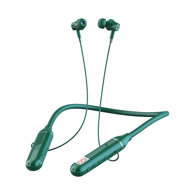 Wireless Bluetooth sports headphones with neckband design and LED power display in black, red, purple, and green colour options