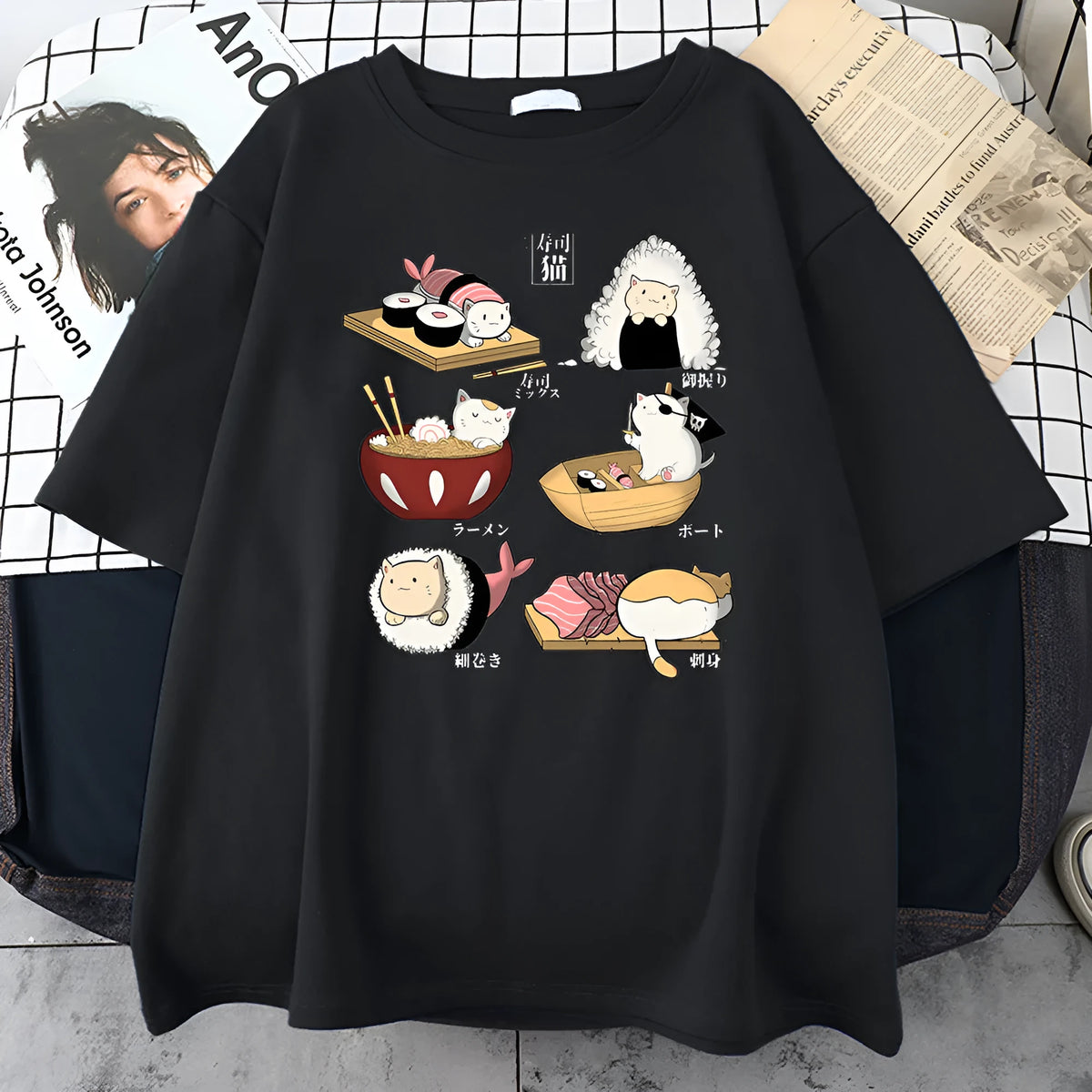 Mens grey loose-fit cotton T-shirt featuring a cute cartoon print of a cat shaped like sushi.