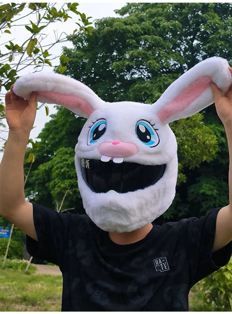 White long-eared rabbit head plush cover on an electric motorcycle helmet.