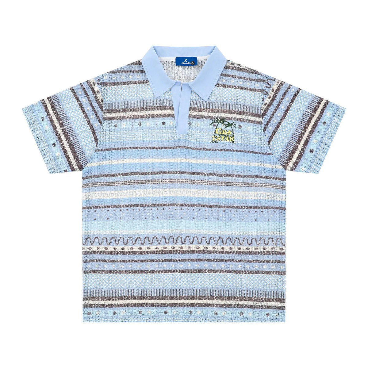 Man wearing a blue loose-fit printed casual shirt with short sleeves.