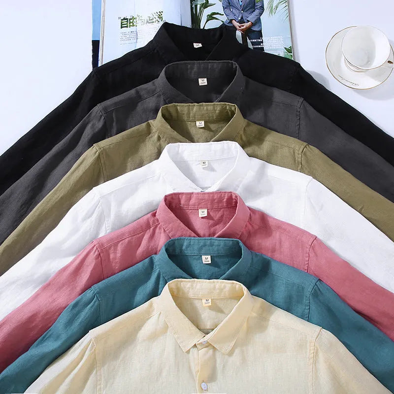 Men's pure linen shirt cardigan in solid colour with long sleeves, shown in multiple colour options