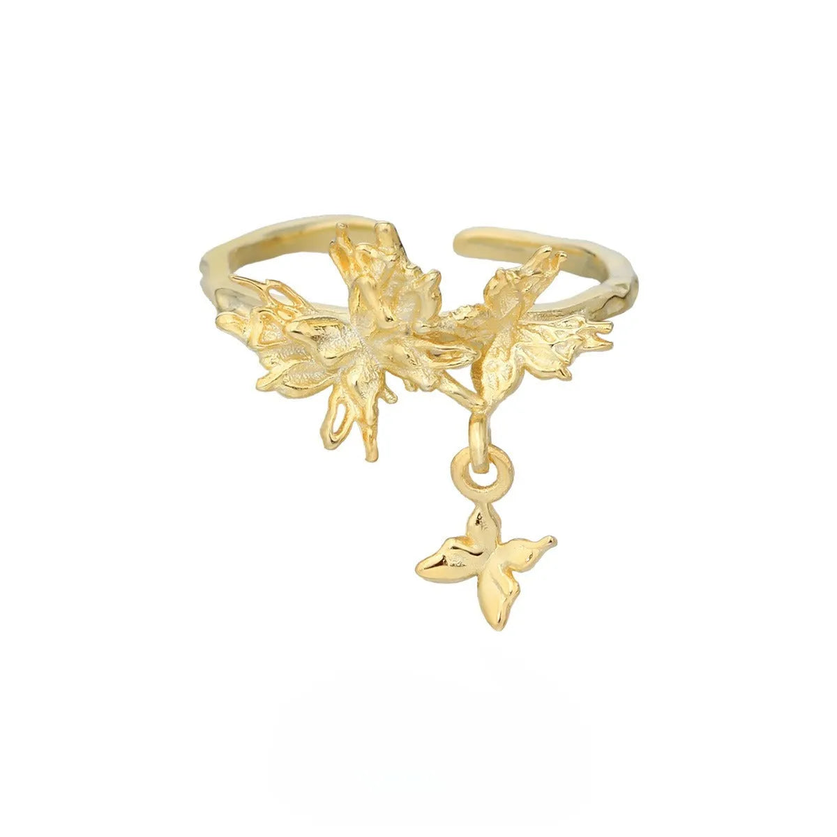 Women's adjustable silver ring with a wild butterfly design, shown in white gold and 18K gold colour finishes.