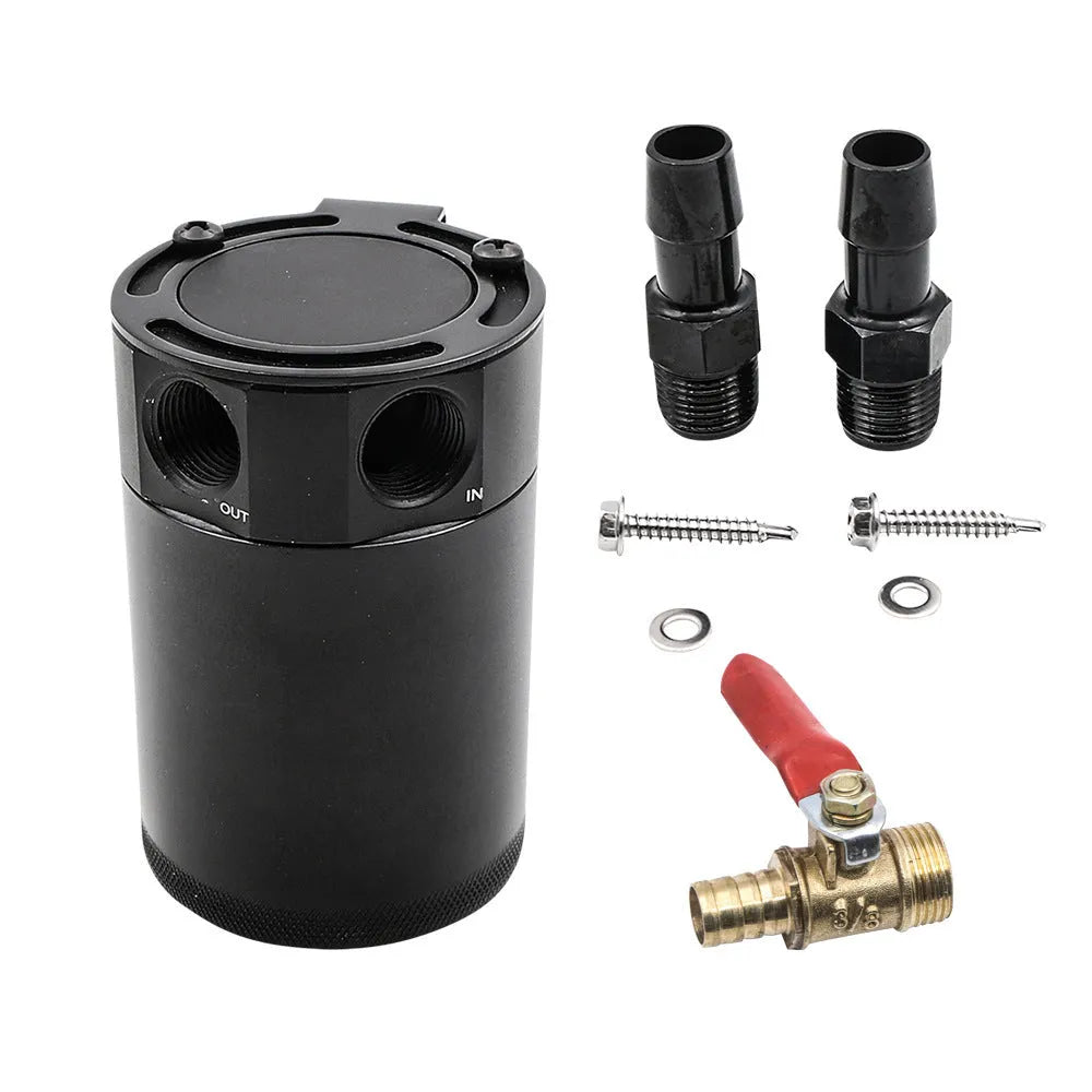 Automotive aluminium oil pot with two-hole breathable design and oil-free valve in black finish