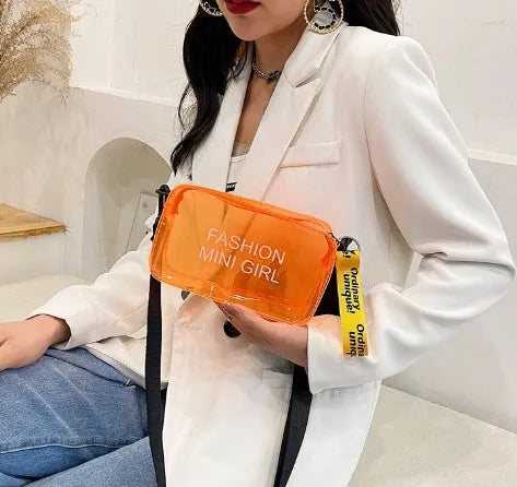 Transparent square jelly shoulder bag in hard PC material with adjustable strap and fresh sweet design