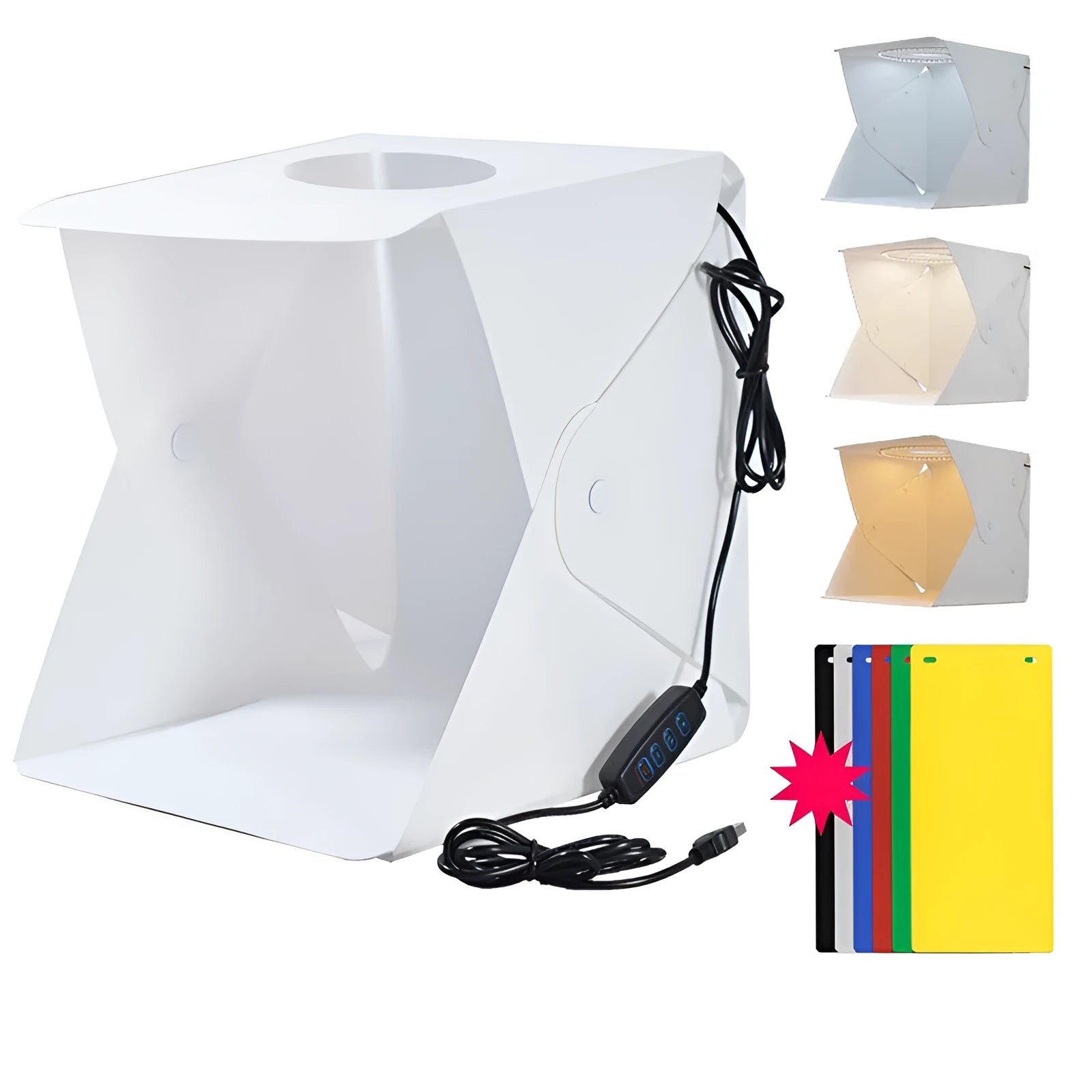 40cm folding studio light box with adjustable LED ring light and six coloured background cloths for photography
