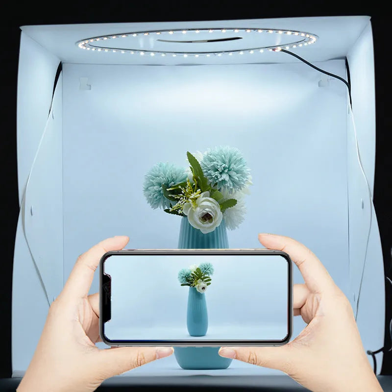 40cm folding studio light box with adjustable LED ring light and six coloured background cloths for photography