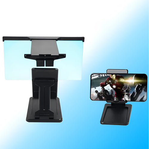 Black L20 split design 12-inch mobile phone screen magnifier with adjustable folding stand on a table.