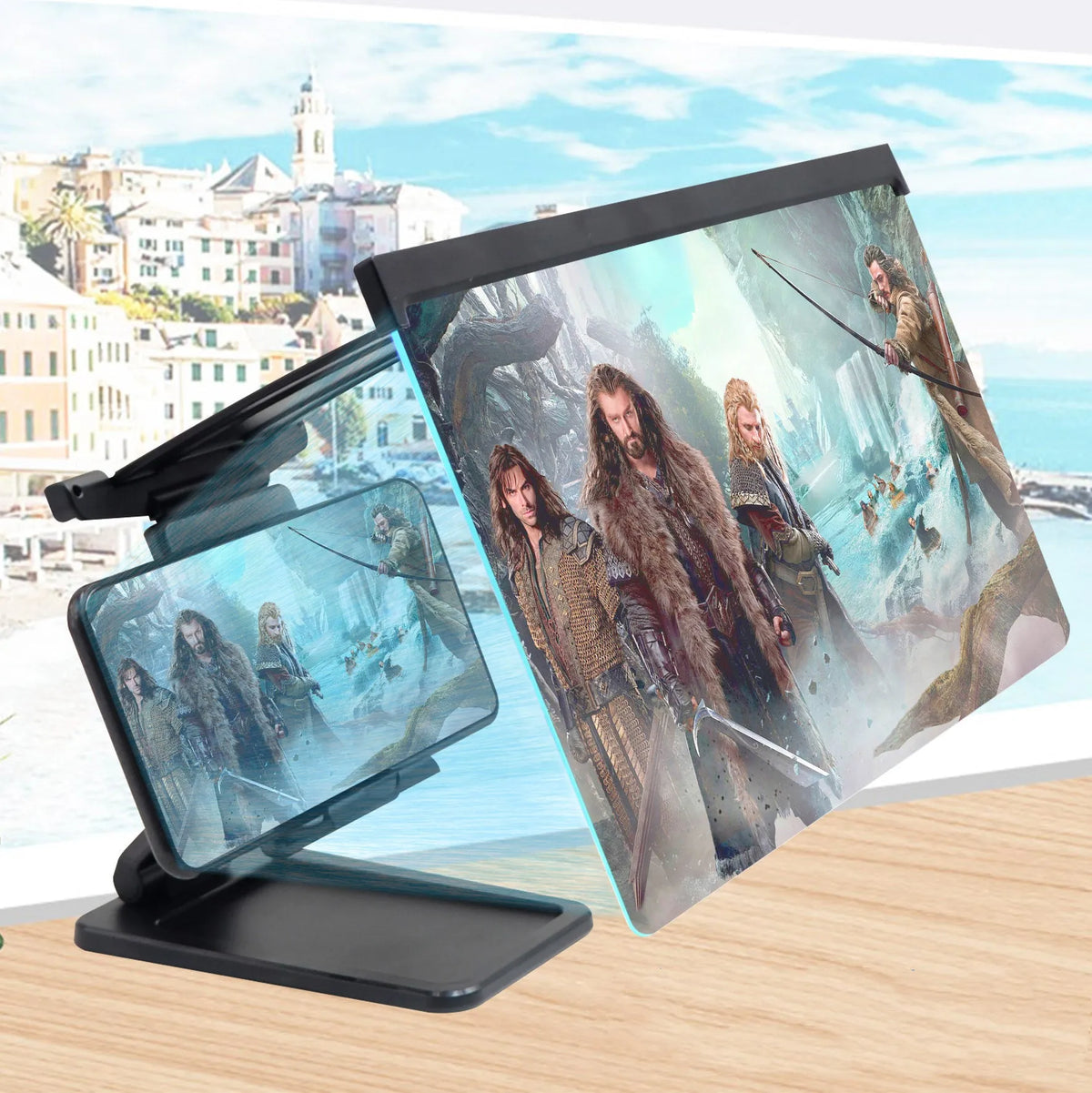 Black L20 split design 12-inch mobile phone screen magnifier with adjustable folding stand on a table.