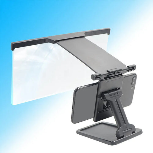 Black L20 split design 12-inch mobile phone screen magnifier with adjustable folding stand on a table.