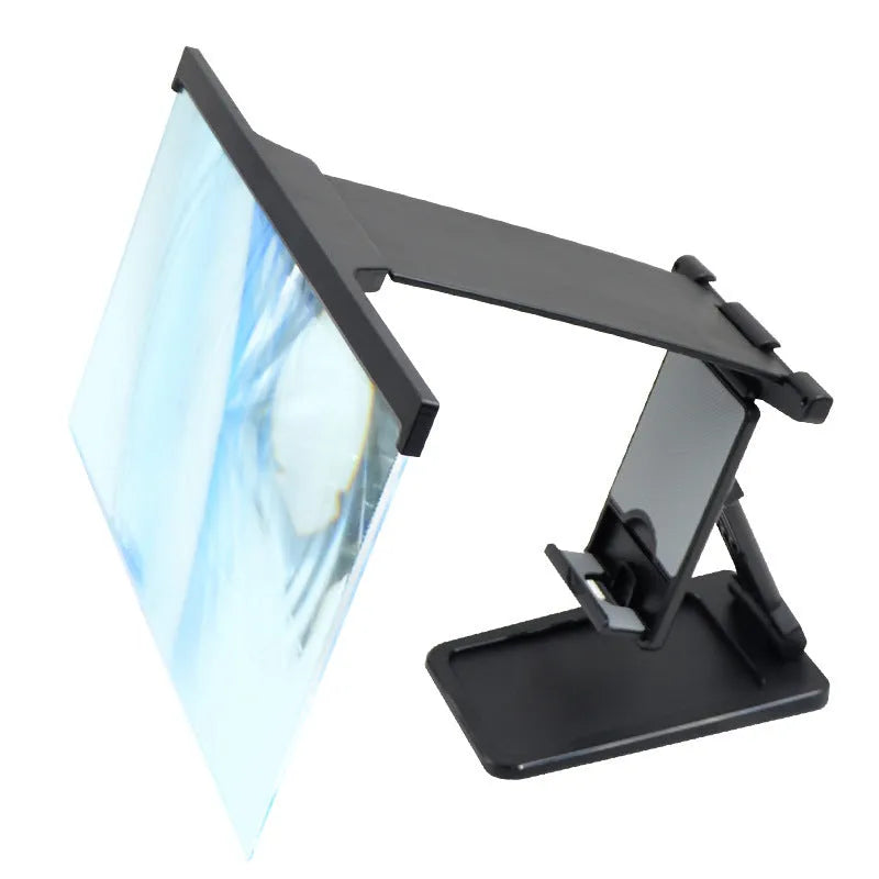 Black L20 split design 12-inch mobile phone screen magnifier with adjustable folding stand on a table.