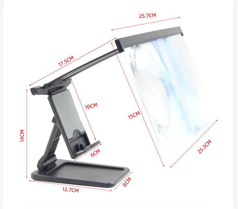 Black L20 split design 12-inch mobile phone screen magnifier with adjustable folding stand on a table.