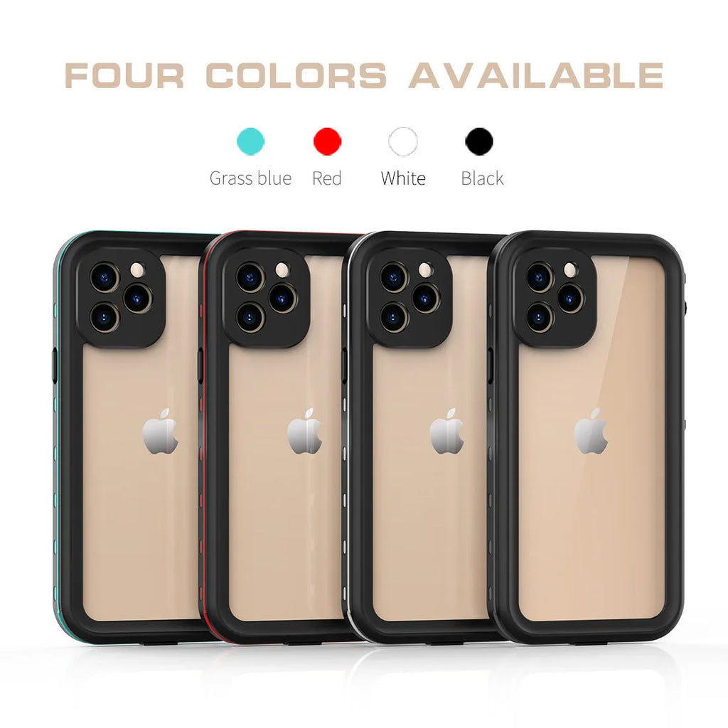 FREDPEPPER IP68 waterproof shockproof case for iPhone in black, blue, and red colours