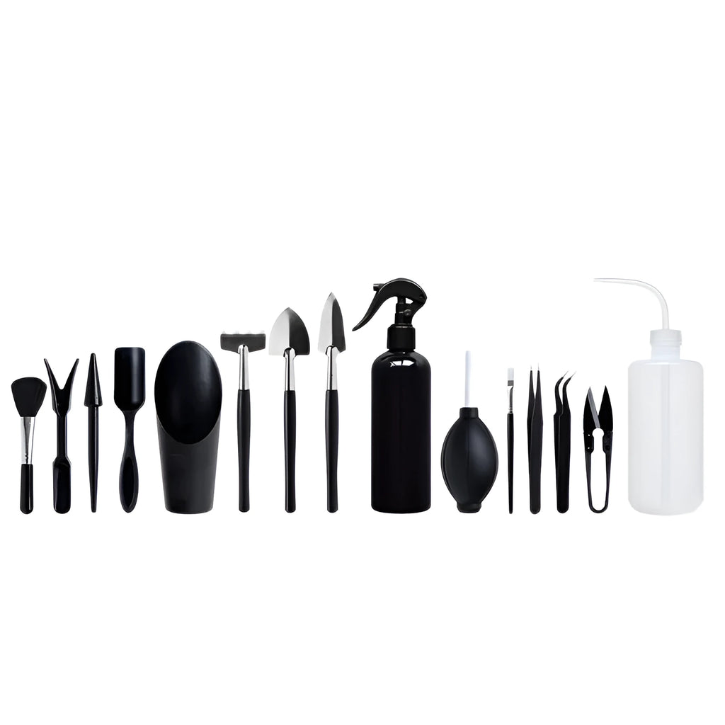 Black succulent gardening tools set with scissors, tweezers, shovels, watering bottle, and cushion for small plants.