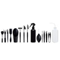Black succulent gardening tools set with scissors, tweezers, shovels, watering bottle, and cushion for small plants.