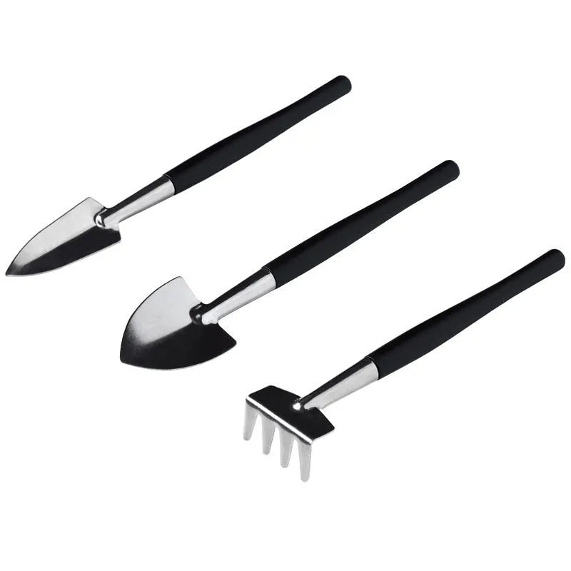 Black succulent gardening tools set with scissors, tweezers, shovels, watering bottle, and cushion for small plants.