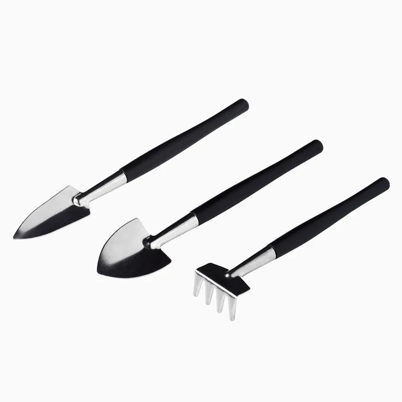 Black succulent gardening tools set with scissors, tweezers, shovels, watering bottle, and cushion for small plants.
