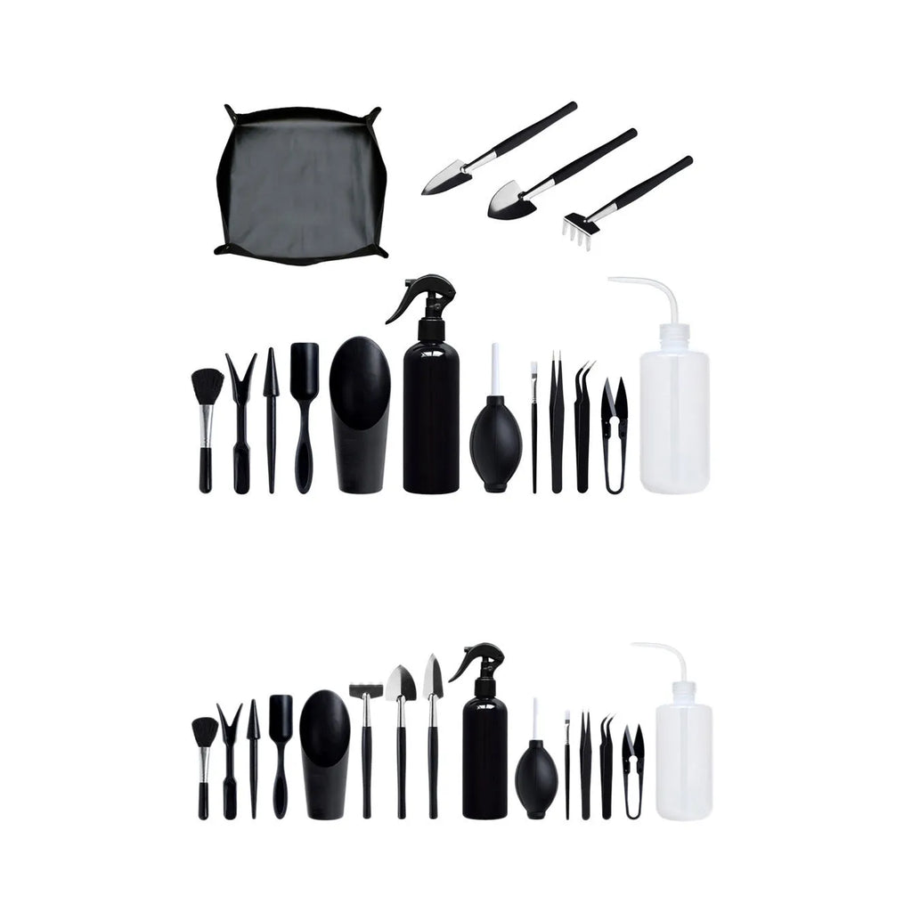 Black succulent gardening tools set with scissors, tweezers, shovels, watering bottle, and cushion for small plants.