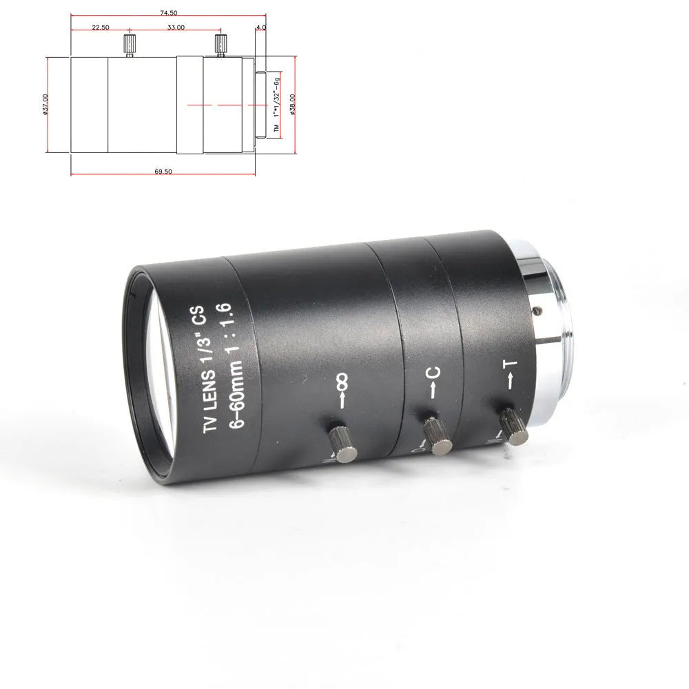 Black manual 6-60mm F1.6 CS mount CCTV lens for 1/3 inch cameras