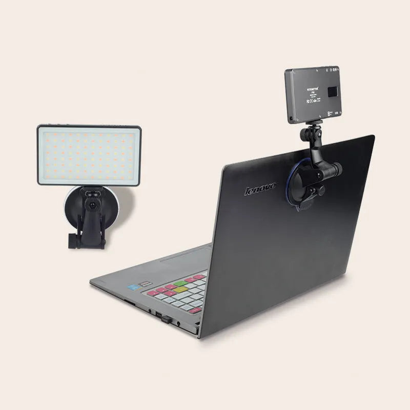 Black aluminium LED conference light with 96 LEDs, showing a Type-C port and a 1/4 inch mount thread on the back.