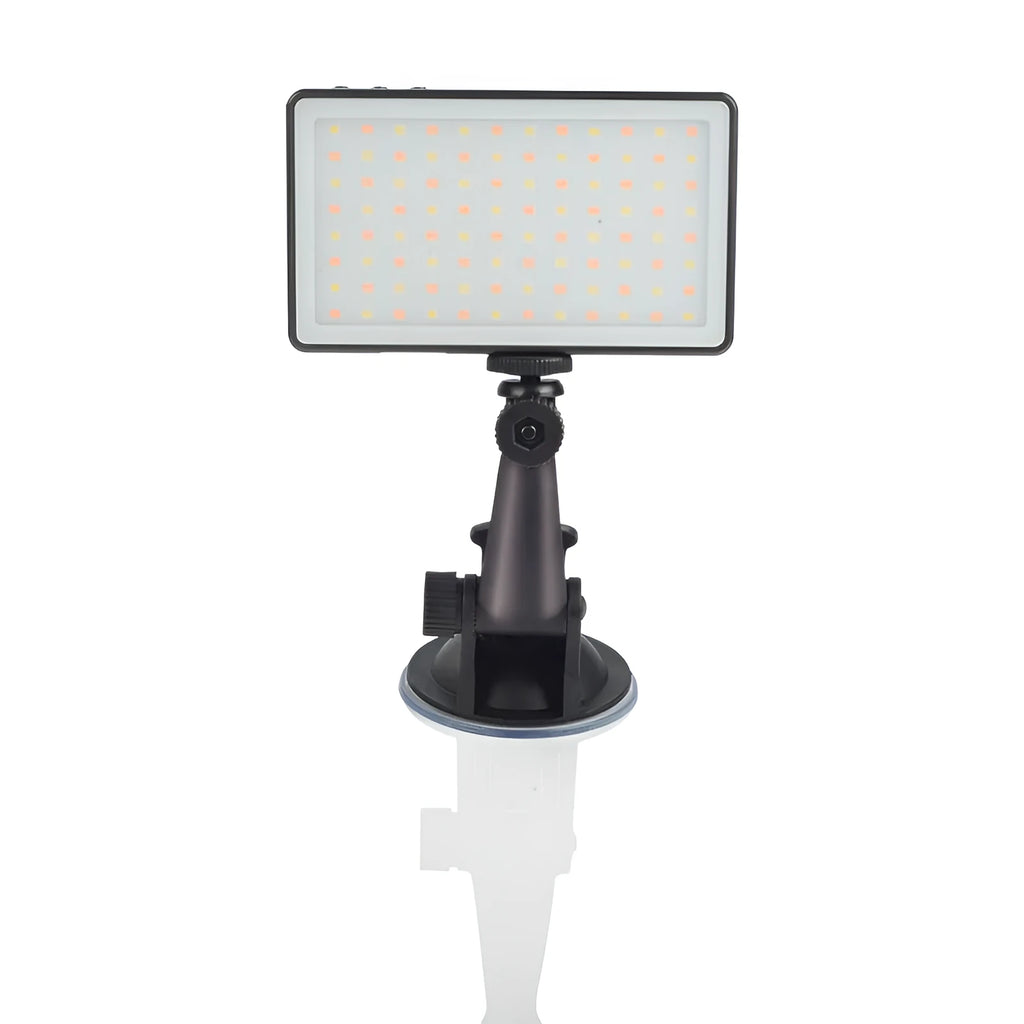 Black aluminium LED conference light with 96 LEDs, showing a Type-C port and a 1/4 inch mount thread on the back.