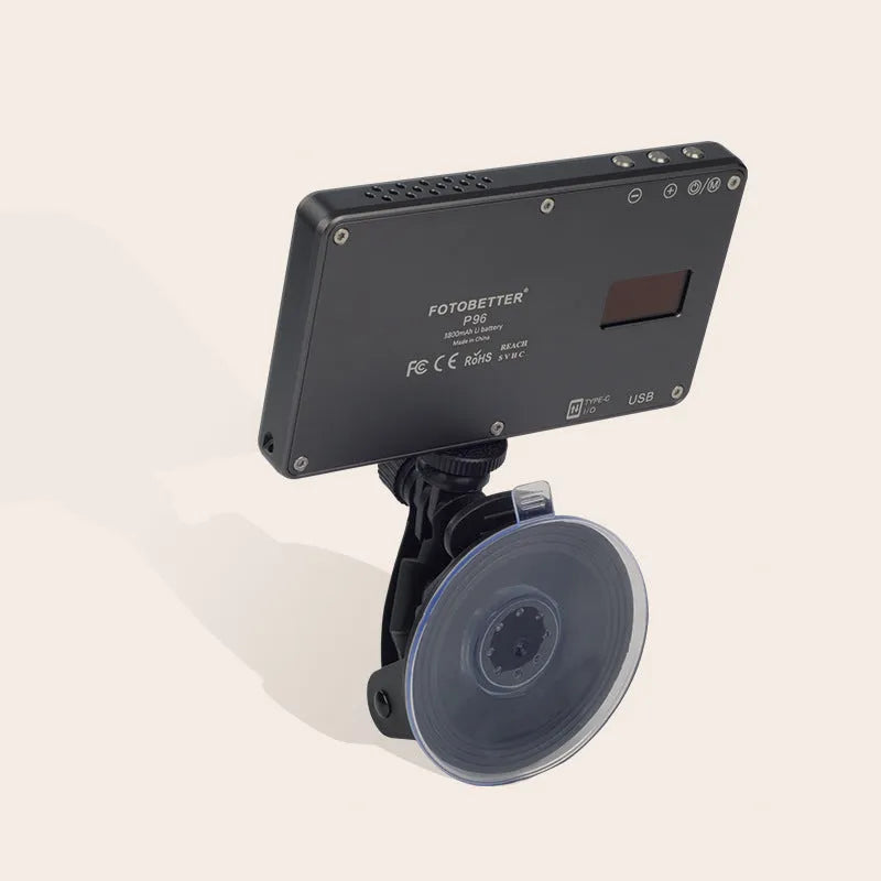 Black aluminium LED conference light with 96 LEDs, showing a Type-C port and a 1/4 inch mount thread on the back.