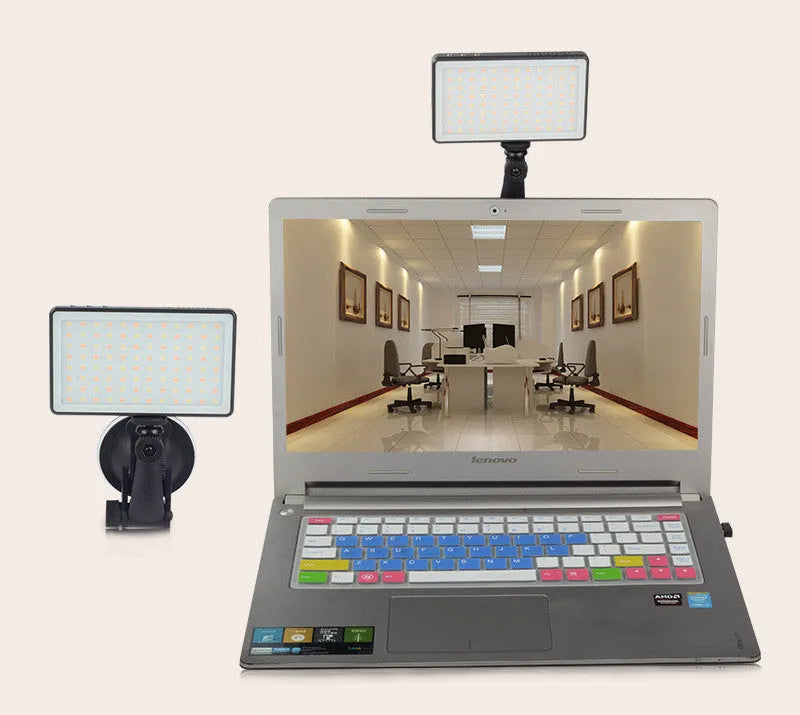 Black aluminium LED conference light with 96 LEDs, showing a Type-C port and a 1/4 inch mount thread on the back.