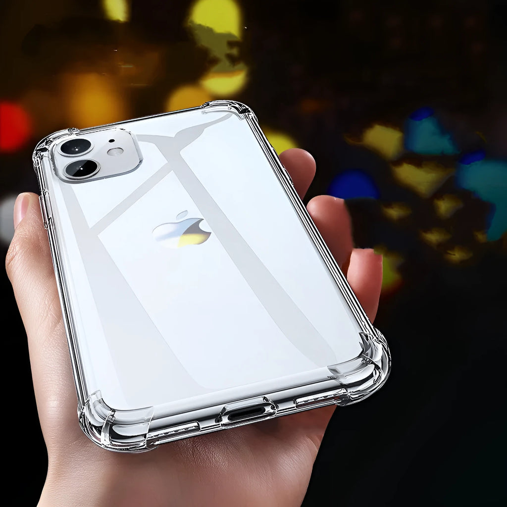Transparent white silicone shockproof case for iPhone showing phone compatibility