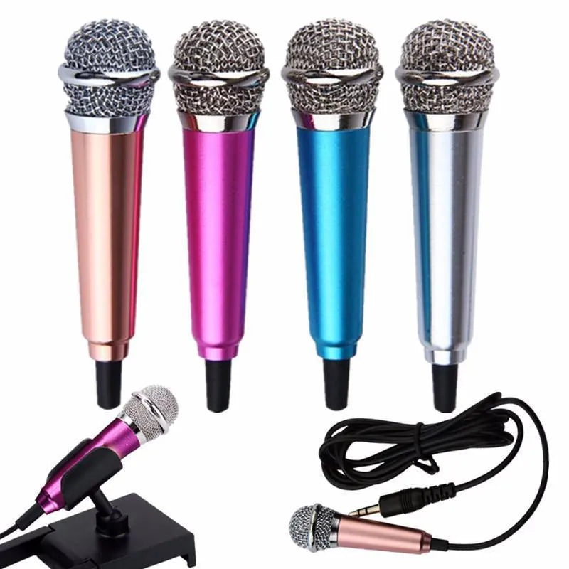 T3 mini wired condenser microphone in blue, gold, red, or silver for mobile phones with a 3.5mm plug.