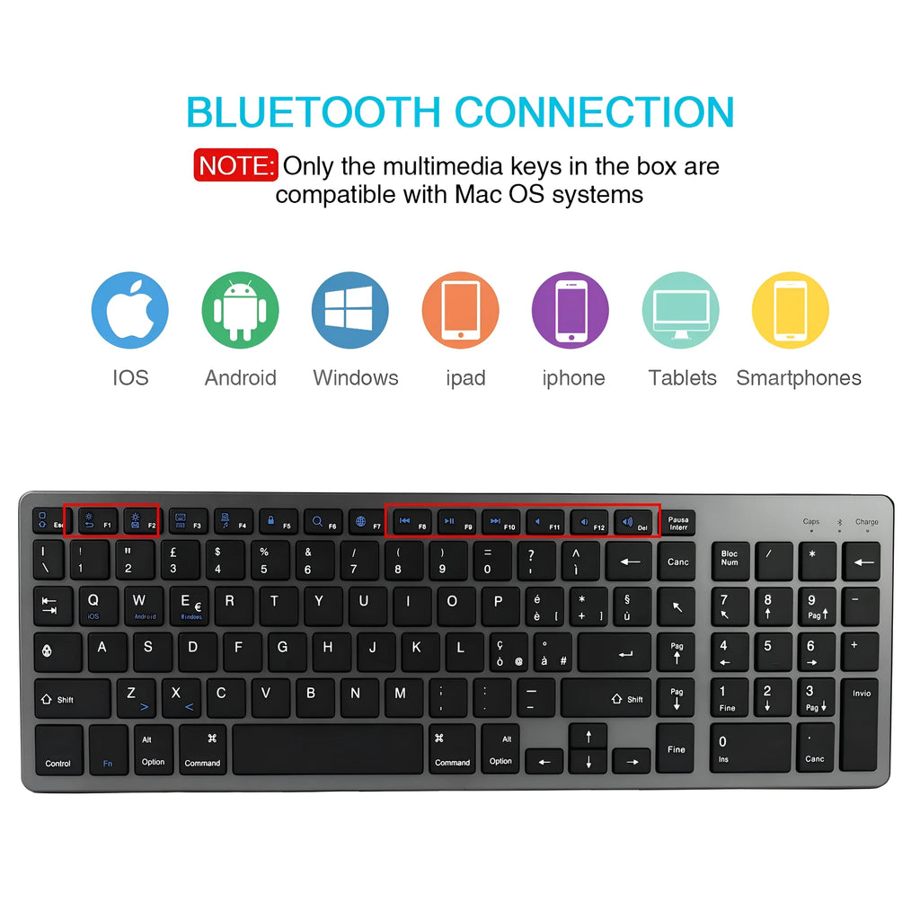 Ultra-thin white Bluetooth keyboard for tablets and mobile phones showing 104-key layout