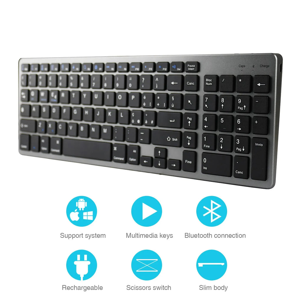 Ultra-thin white Bluetooth keyboard for tablets and mobile phones showing 104-key layout