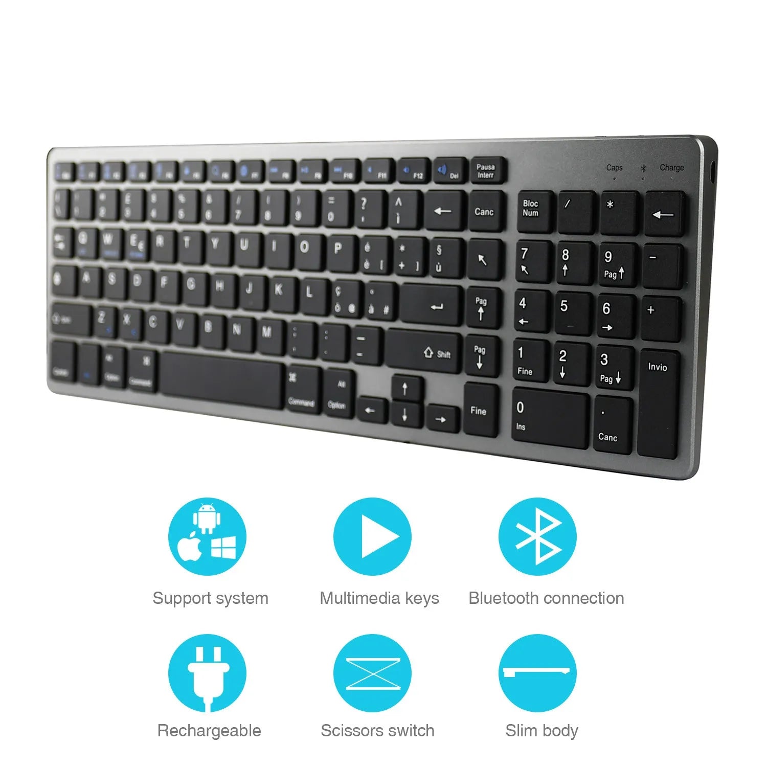 Ultra-thin white Bluetooth keyboard for tablets and mobile phones showing 104-key layout