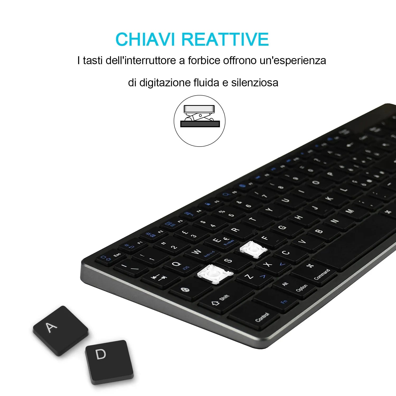 Ultra-thin white Bluetooth keyboard for tablets and mobile phones showing 104-key layout