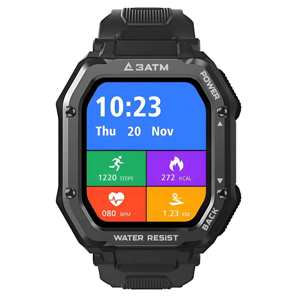 Rugged outdoor smartwatch with 1.69-inch screen and silicone strap in army green colour