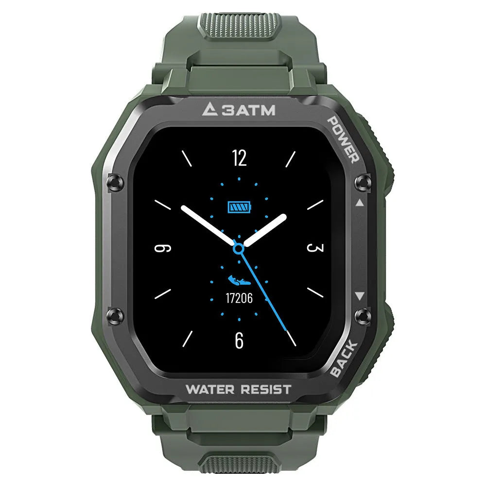 Rugged outdoor smartwatch with 1.69-inch screen and silicone strap in army green colour