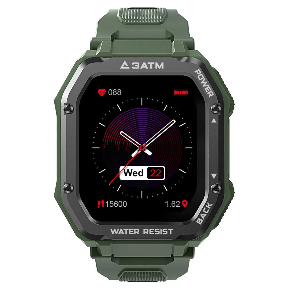Rugged outdoor smartwatch with 1.69-inch screen and silicone strap in army green colour