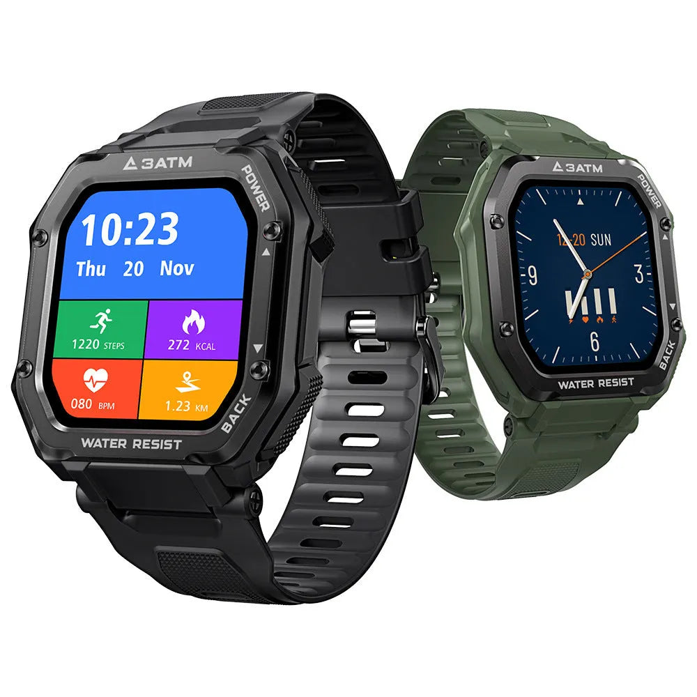 Rugged outdoor smartwatch with 1.69-inch screen and silicone strap in army green colour