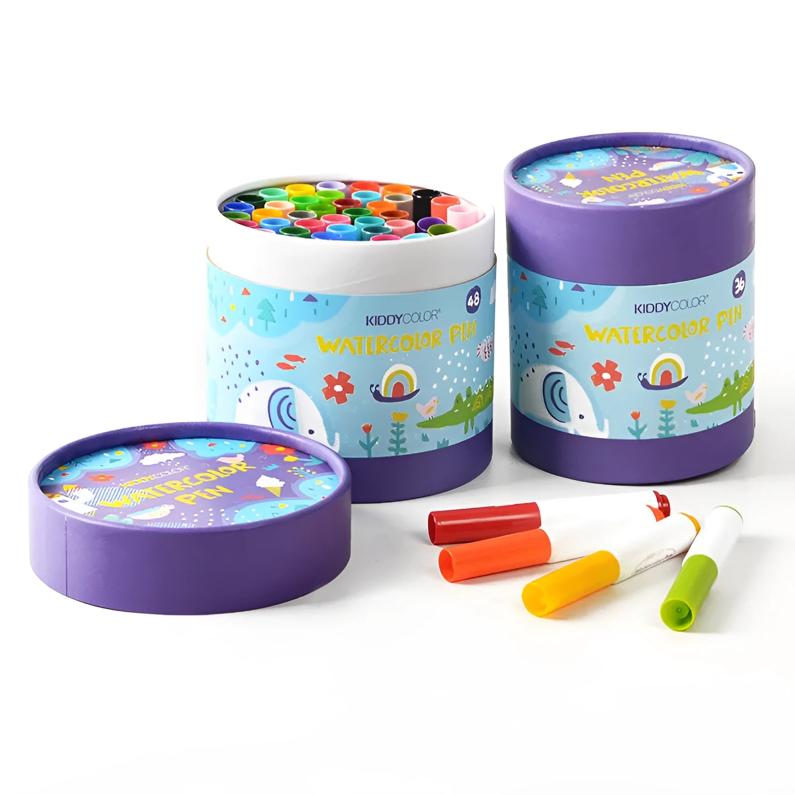 Set of children's washable watercolour pens with plastic barrels in 36 or 48 colour options.