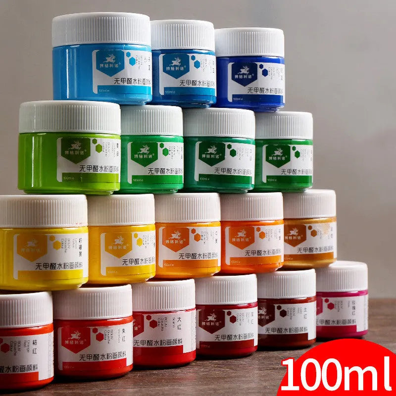 100 g bottled gouache paint set showing eight colours: black, blue, dark blue, orange, purple, red, sky blue, and yellow.