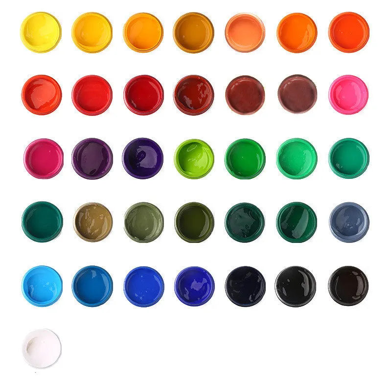 100 g bottled gouache paint set showing eight colours: black, blue, dark blue, orange, purple, red, sky blue, and yellow.