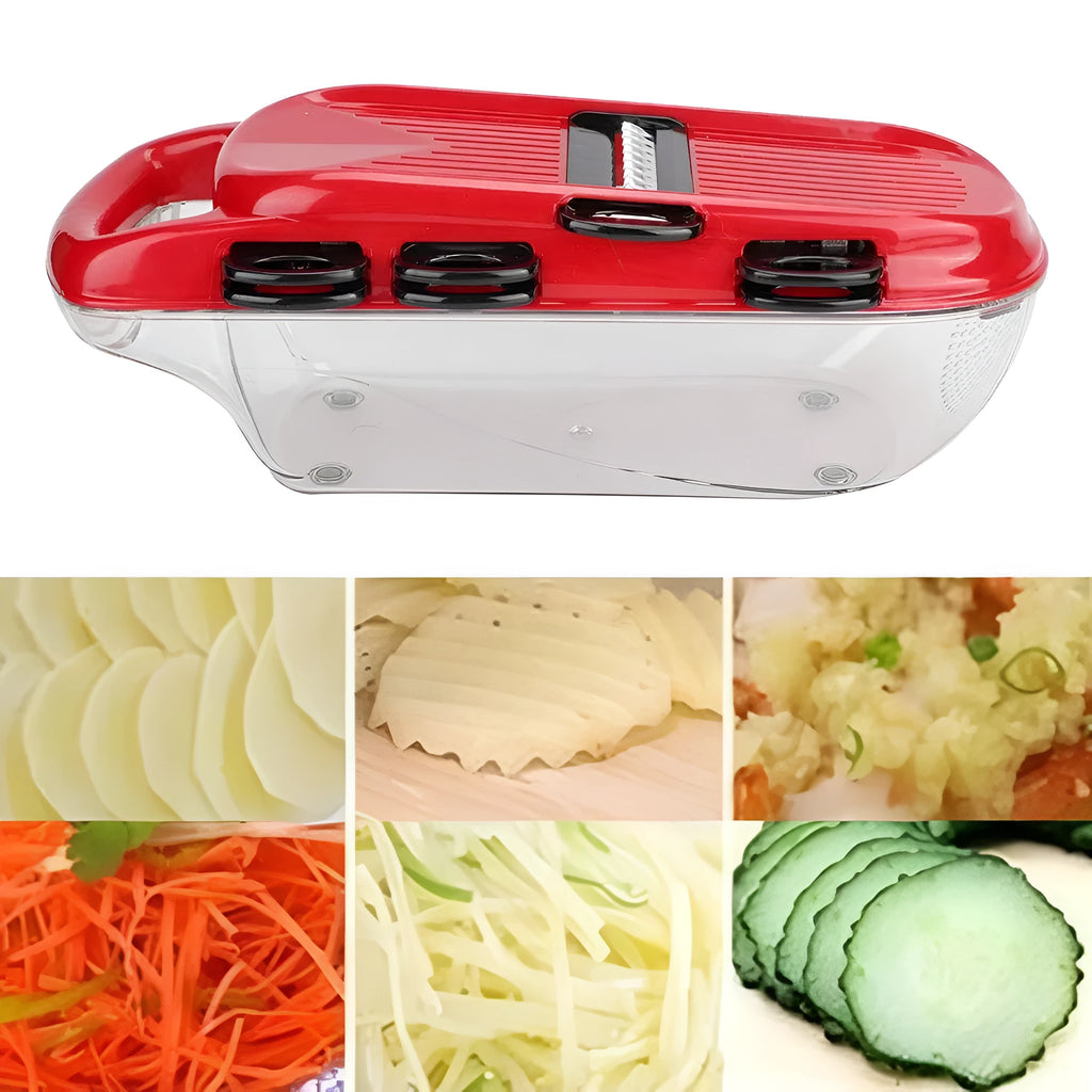 Red multi-function vegetable cutter set with 7 stainless steel blades, clear container, and safety guard