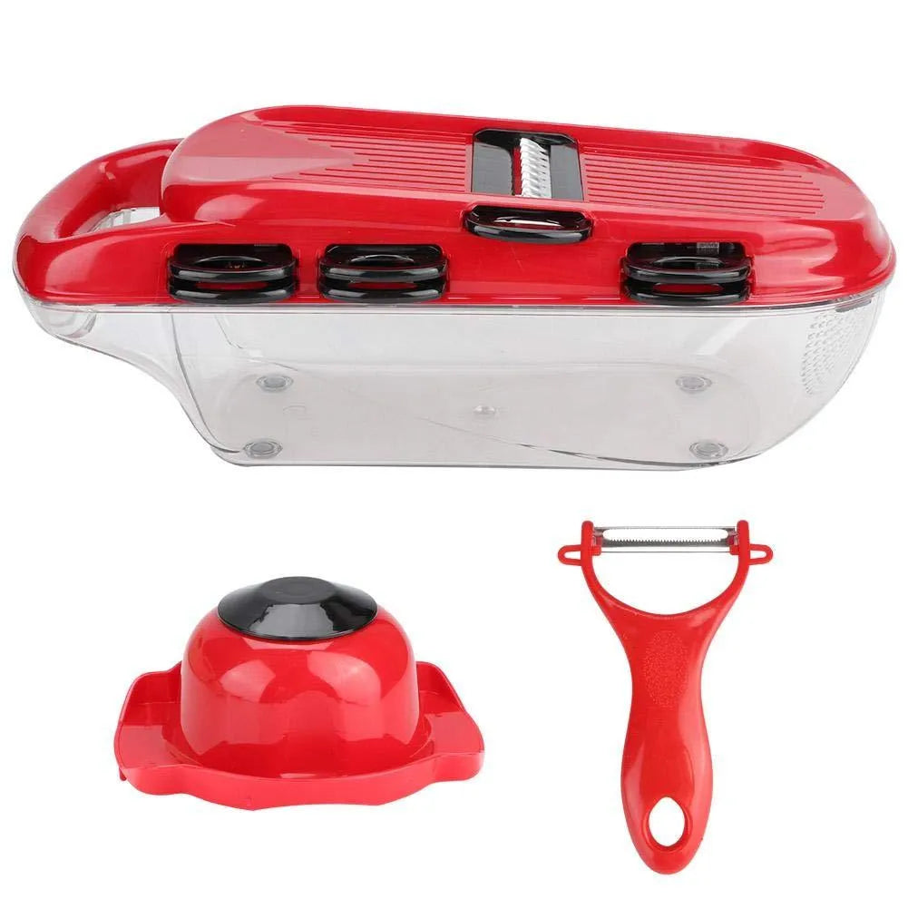 Red multi-function vegetable cutter set with 7 stainless steel blades, clear container, and safety guard