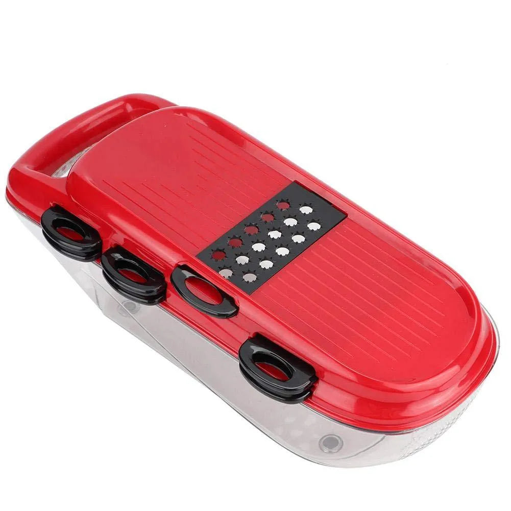 Red multi-function vegetable cutter set with 7 stainless steel blades, clear container, and safety guard