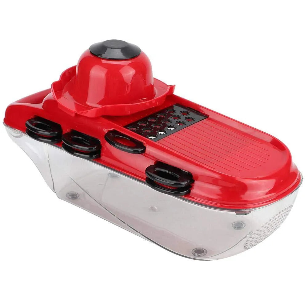Red multi-function vegetable cutter set with 7 stainless steel blades, clear container, and safety guard