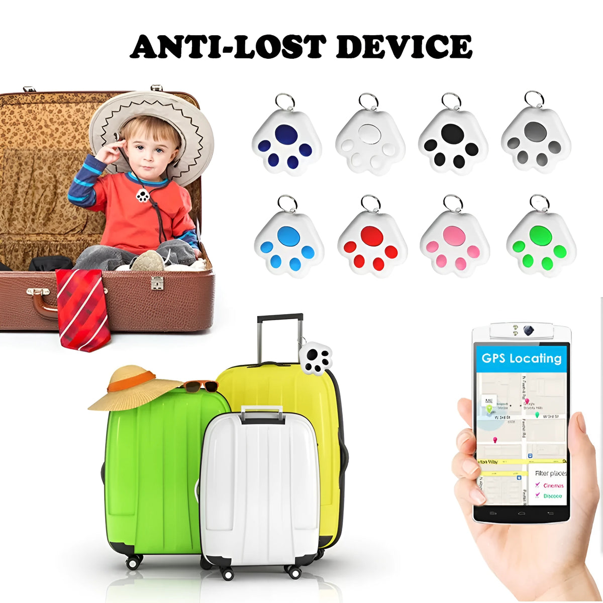 Small coloured Bluetooth tracker device with attachment loop for pet collars and key rings