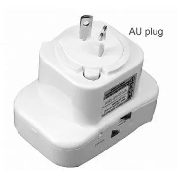 Compact black or white WiFi repeater with multiple plug options and a network cable.