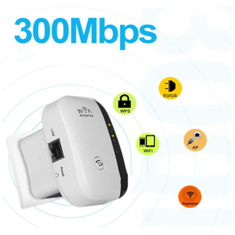 Compact black or white WiFi repeater with multiple plug options and a network cable.