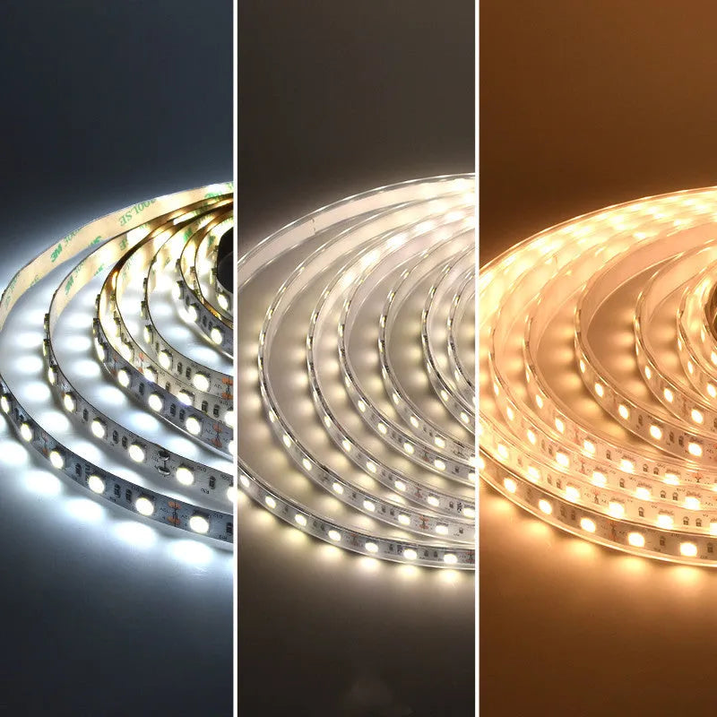 Close-up of a white flexible LED light strip showing dense 2835 LEDs, mounted on a retail shelf edge.