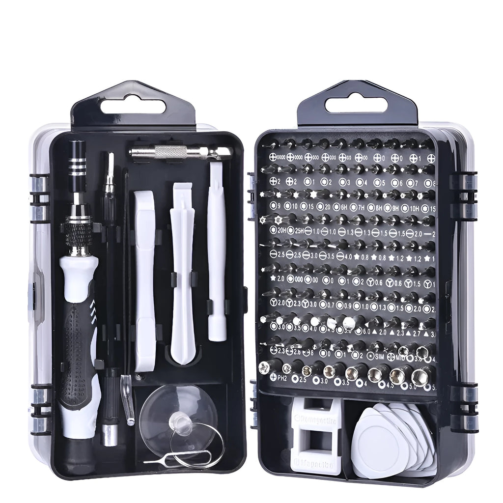 117-in-1 precision screwdriver set with magnetic bits in a case for electronics repair
