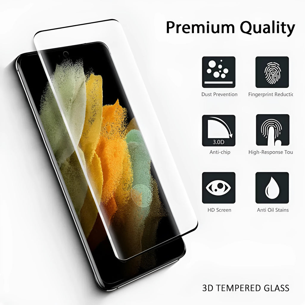 Samsung Galaxy S21 Ultra tempered glass screen protector showing full coverage on a curved phone display.